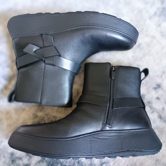 FitFlop F-Mode Folded-Knot Leather Flatform Chelsea Boots Black Size 10 - Picture 7 of 11